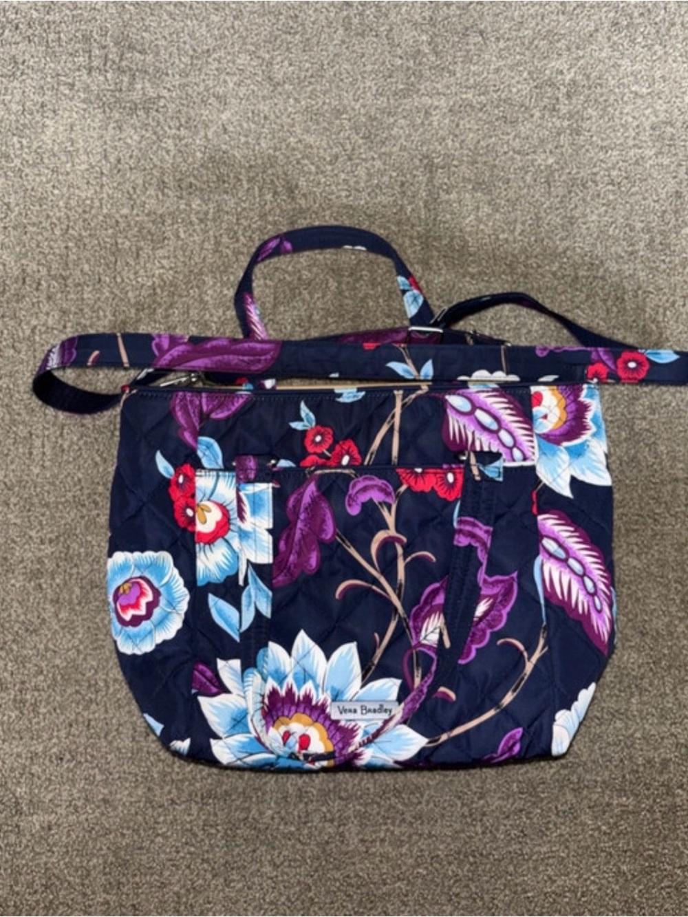 Vera Bradley Navy Floral Quilted Tote with Purple & Blue Flowers
